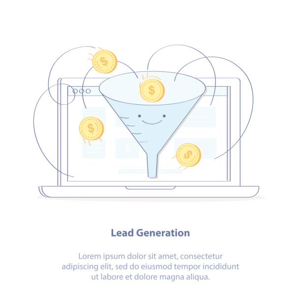 lead-generierung, sales funnel, marketing-prozess zur erzeugung von internet-geschäft führt - conversion funnel stock-grafiken, -clipart, -cartoons und -symbole