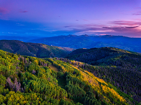 Mountain View of Beaver Creek and Sawatch Mountains - Stunning sunset views with autumn fall colors and changing aspen trees. Pink clouds and mountain views.