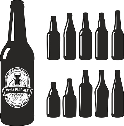 Vector craft beer silhouettes. Set of 10 various craft beer bottles. Different shapes and sizes. India pale ale label.