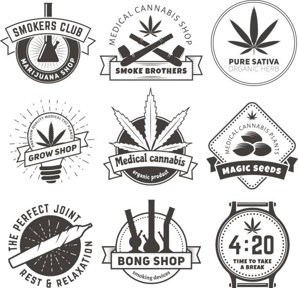 Set of vector marijuana smoking badges Set of vector marijuana smoking badges. Medical cannabis labels marijuana hookah stock illustrations