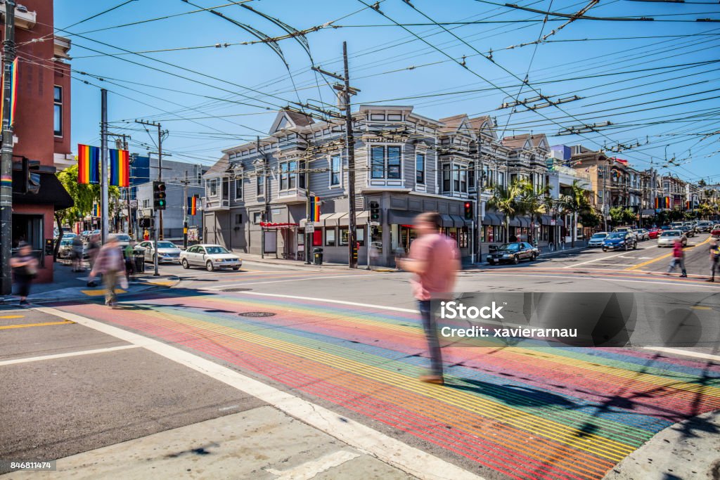 Castro District Rainbow Crosswalk Intersection - San Francisco, California, USA Castro District Rainbow Crosswalk Intersection - San Francisco, California, USA. San Francisco - California Stock Photo