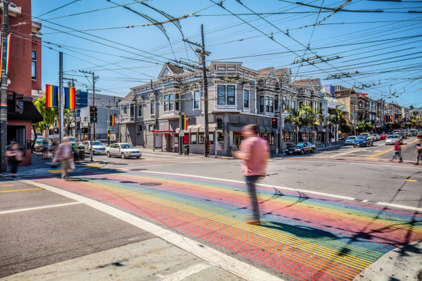 castro district rainbow crosswalk intersection - san francisco, california, usa - castro street imagens e fotografias de stock