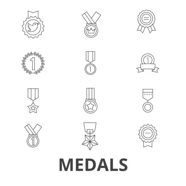 Vector illustration of Medals, trophy, gold medal, award, medallion, . medal, winner, badge line icons. Editable strokes. Flat design vector illustration symbol concept. Linear signs isolated