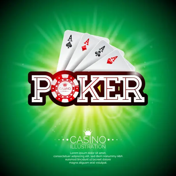 Vector illustration of Vector illustration on a casino theme with playing cards and shiny poker caption on green background. Gambling design elements.