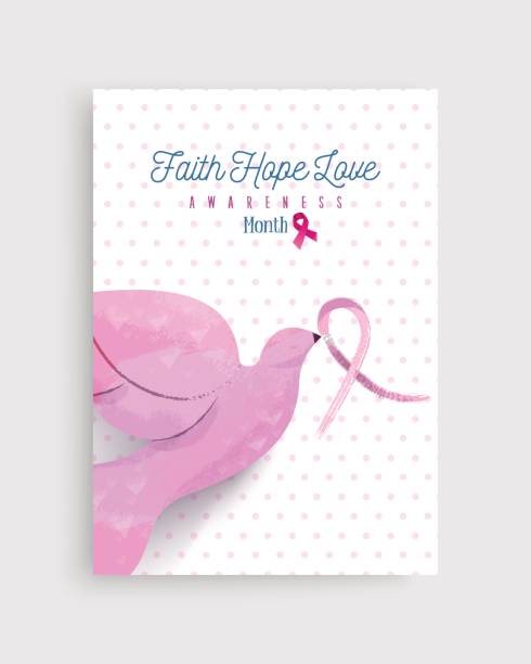 Breast cancer awareness pink dove bird art poster Breast cancer awareness month illustration with pink hand drawn dove bird holding ribbon bow for support campaign. EPS10 vector. beast cancer awareness month stock illustrations
