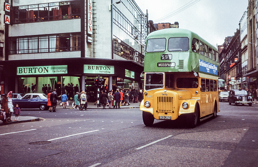 Glasgow: Vintage image of bus on Glasgow streets in 1973. Glasgow Corporation fleet number D267 Daimler CVD6 with Alexander H33/28R body (registration number SGD250).