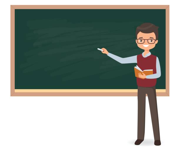 Young male teacher is writing chalk on a school blackboard Young male teacher is writing chalk on a school blackboard. Cartoon vector illustration on a white background teachers stock illustrations