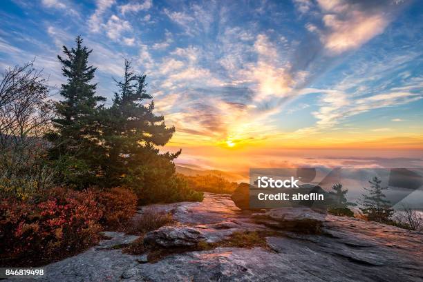 Scenic Sunrise Over Fog Filled Valley Stock Photo - Download Image Now - North Carolina - US State, Landscape - Scenery, Sunrise - Dawn