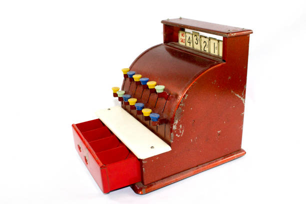 A Vintage Red Toy Cash Register Till on White Background