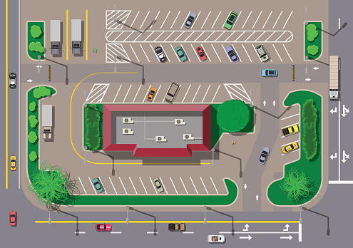 Fast food cafe restaurant and parking for cars. City parking lot with different cars. Takeaway express window. Parking zone top view with various vehicles. City life. Vector illustration in flat style