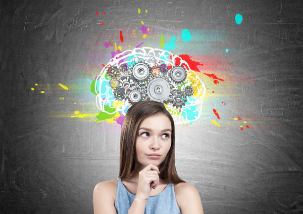 istock Dreamy girl in a dress, brain cogs 846832146