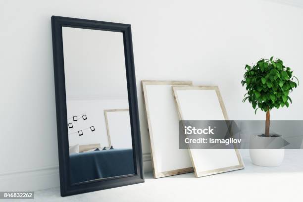 Gray Living Room Interior Mirror Posters Side Stock Photo - Download Image Now - Mirror - Object, Wall - Building Feature, Bedroom