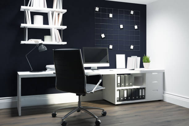 istock Black wall home office, black chair side view 846838410