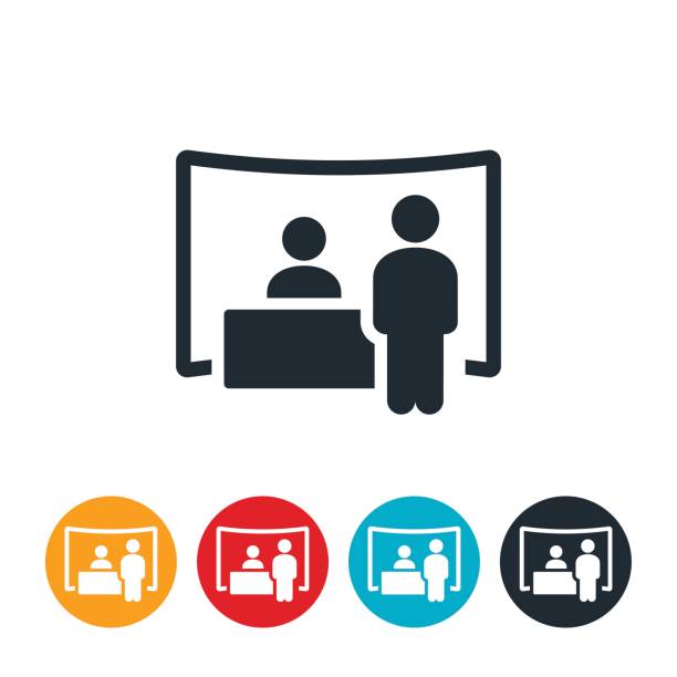 Job Fair Icon An icon of a booth at a job fair. An employer sits behind a table at a booth while a prospective employee stands at the booth for more information. Tradeshow stock illustrations