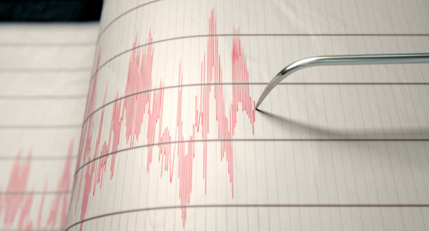 Seismograph Earthquake Activity A closeup of a seismograph machine needle drawing a red line on graph paper depicting seismic and eartquake activity - 3D render earthquake stock pictures, royalty-free photos & images