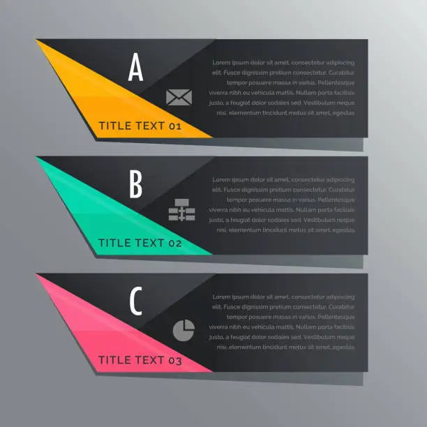 Vector illustration of dark theme three steps infographic banners with business icons