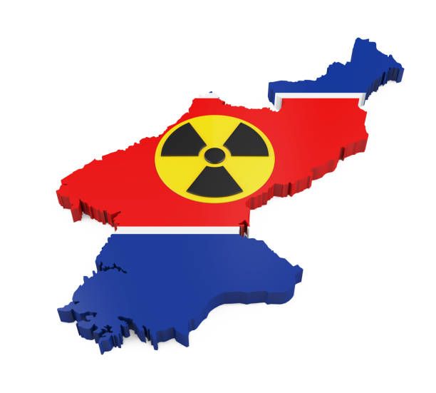 north korea map with nuclear sign - north korea hydrogen bomb korea missile imagens e fotografias de stock