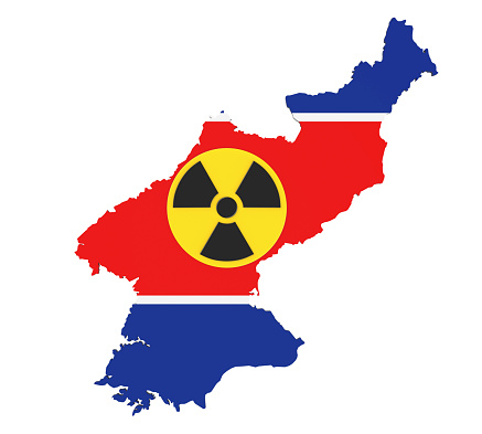 North Korea Map with Nuclear Sign isolated on white background. 3D render