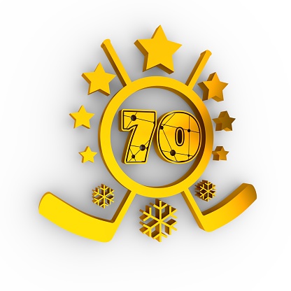 70 number illustration. Classic style sport team font. Golden material numbers decorated by lines and dots pattern. Ice hockey emblem. 3D rendering