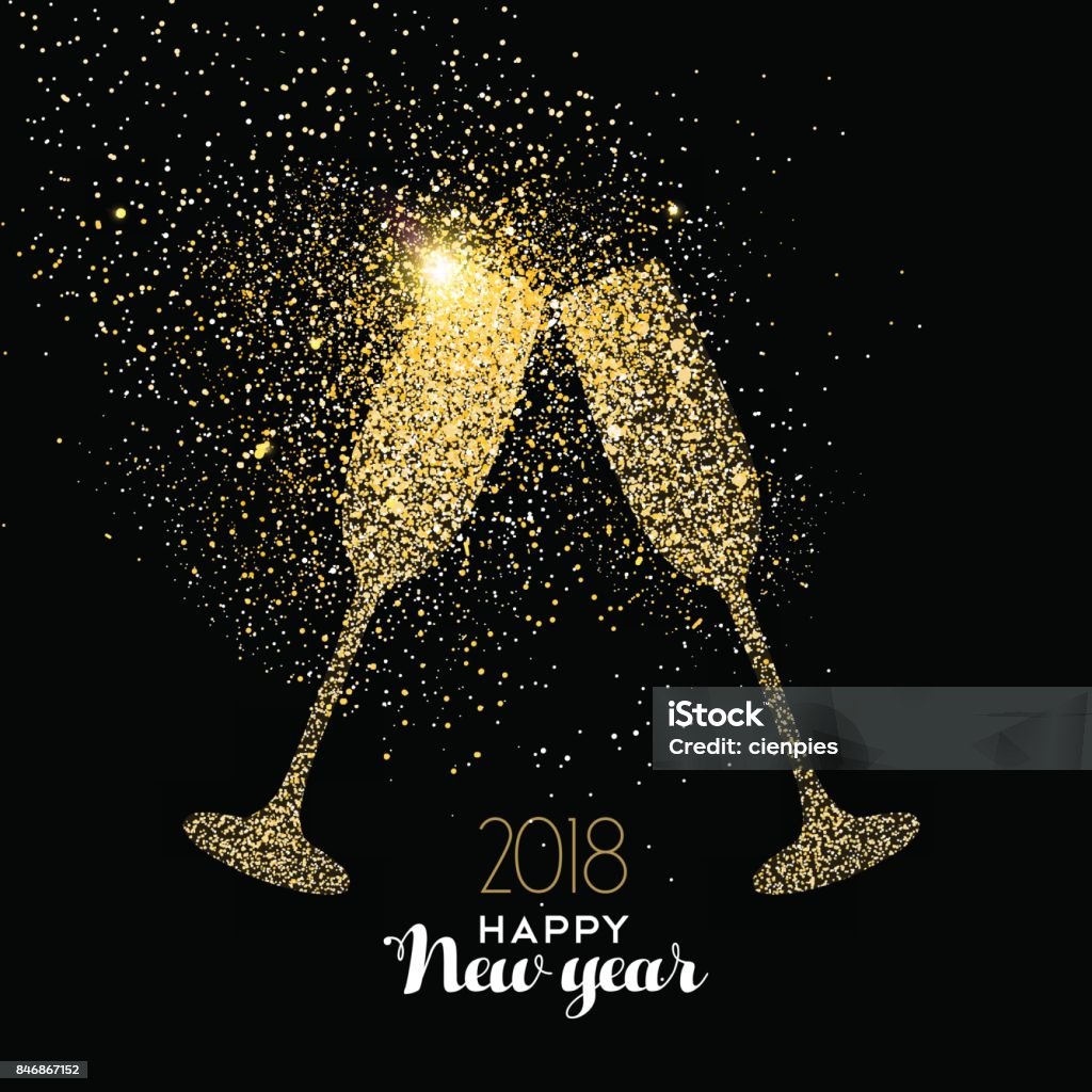 Happy New Year party drink gold glitter dust card Happy new year 2018 gold champagne glass celebration toast made of realistic golden glitter dust. Ideal for holiday card or elegant party invitation. EPS10 vector. Champagne stock vector