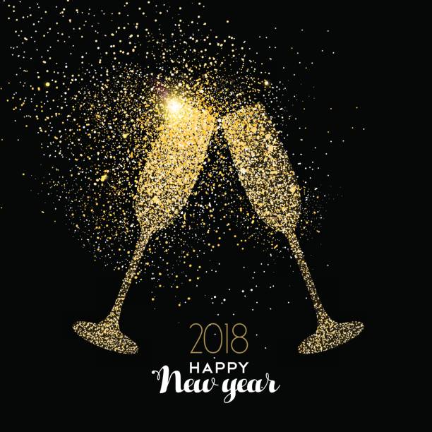 Happy New Year party drink gold glitter dust card Happy new year 2018 gold champagne glass celebration toast made of realistic golden glitter dust. Ideal for holiday card or elegant party invitation. EPS10 vector. champagne flute stock illustrations