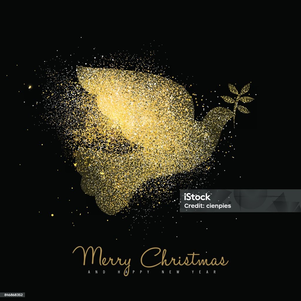 Christmas and new year gold glitter peace dove art Merry Christmas and Happy New Year luxury greeting card design, gold dove bird silhouette made of golden glitter dust on black background. EPS10 vector. Christmas stock vector