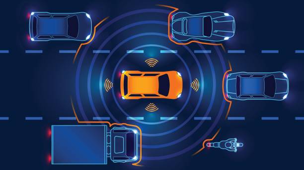 Autonomous smart car Autonomous smart car goes on the road in traffic. Scans the road, observe the distance. Future concept. sensor stock illustrations