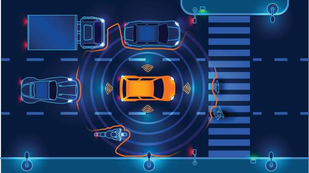 Autonomous smart car Autonomous smart car scans the road operates the machine automatically stops at the crosswalk in the city. Vector illustration. building feature stock illustrations