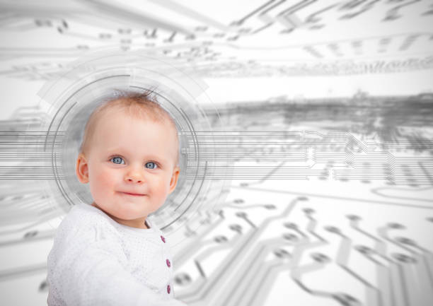 Portrait of a cute baby over futuristic interface showing circuit board