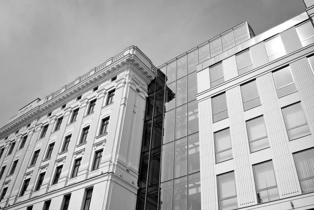 glass architecture of modern building. black and white