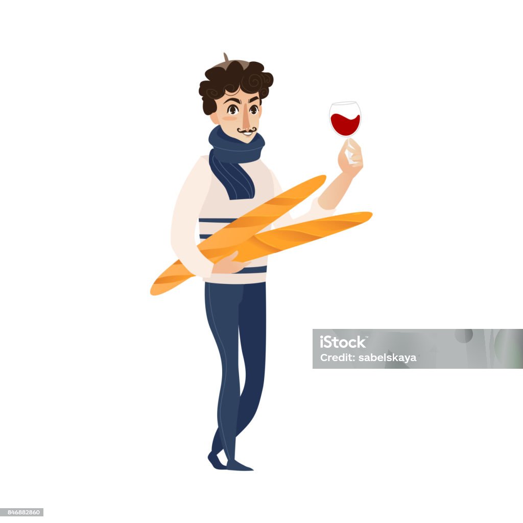 vector flat french young man with wine, baguette vector cartoon young man in scarf, pants and pullover holding baguette bread loafs and glass of red wine. French parisian style male portrait full length. Isolated illustration ona white background Adult stock vector