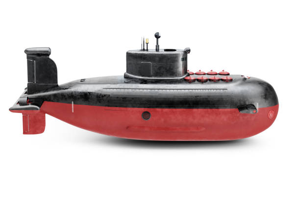 Nuclear submarine Side view of nuclear submarine isolated on white background. 3d render immersed in their work stock pictures, royalty-free photos & images
