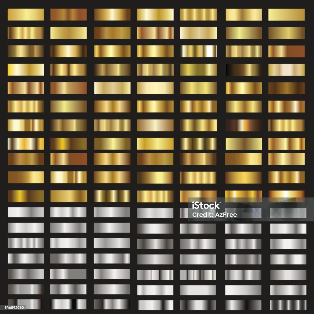 Set of gold and silver gradient textures. Vector. Gold - Metal stock vector