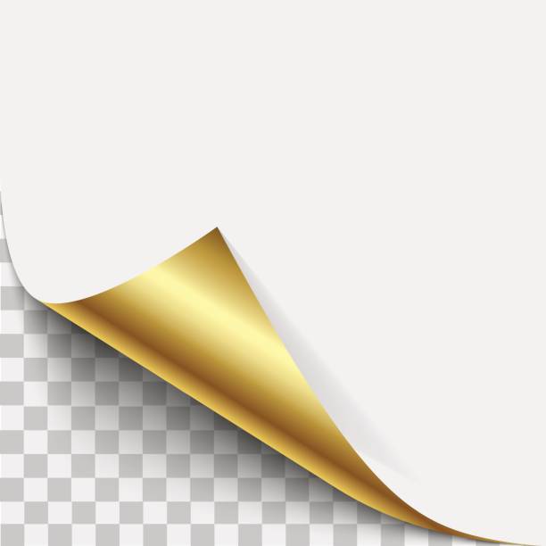 ilustrações de stock, clip art, desenhos animados e ícones de gold page corner peel. gold page curled fold with shadow. blank sheet of folded sticky paper note. vector illustration sticker peel for advertising and promotional message isolated on white background. - page turning corner folded