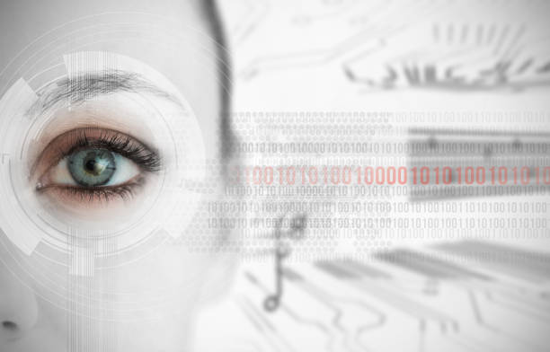 istock Close up of woman eye with futuristic interface showing binary codes 846906480