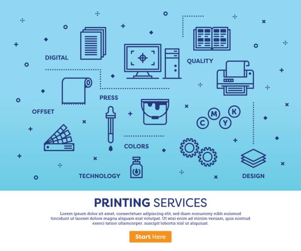 ilustrações, clipart, desenhos animados e ícones de conceito de serviços de impressão - printing press print printout colors
