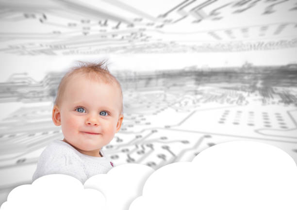 Portrait of a cute baby over clouds with futuristic background
