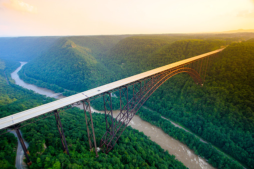 Sunset aerial view of the New River Gorge Bridge.