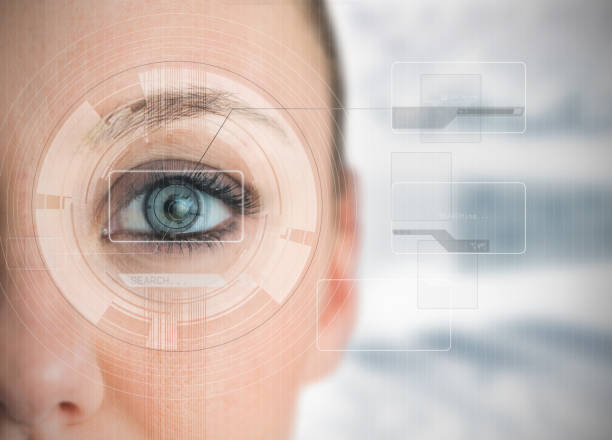 istock Close up of woman blue eye analyzing chart interfaces 846907556