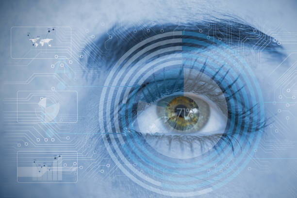 istock Close up of woman eye analyzing circuit board and chart interfaces 846907908
