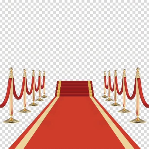 roter teppich mit roten seilen an goldenen relingstützen - roter teppich stock-grafiken, -clipart, -cartoons und -symbole
