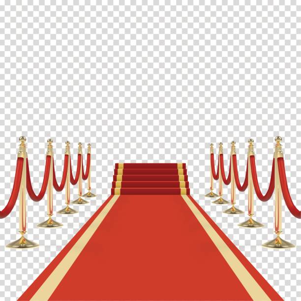 Red carpet with red ropes on golden stanchions Red carpet with stairs, podium, red ropes, golden stanchions. Exclusive event, movie premiere, gala, ceremony, award concept. Blank template illustration with space for an object, person, logo or text film premiere stock illustrations