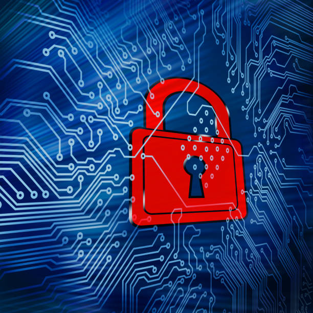 istock Digital circuit board with red padlock in the middle 846909796
