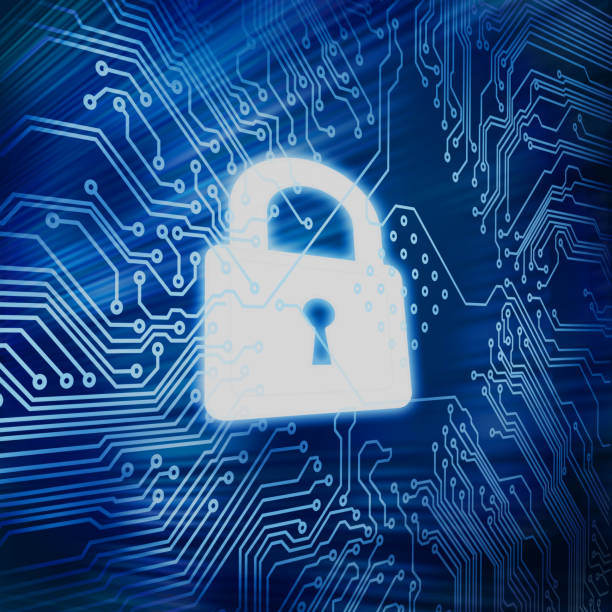 istock Digital circuit board with white padlock in the middle 846910474