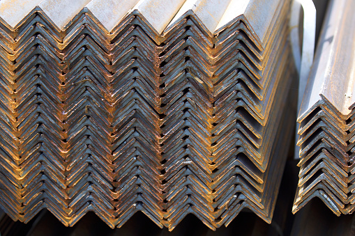 Metal profile angle in packs at the warehouse of metal products, Russia