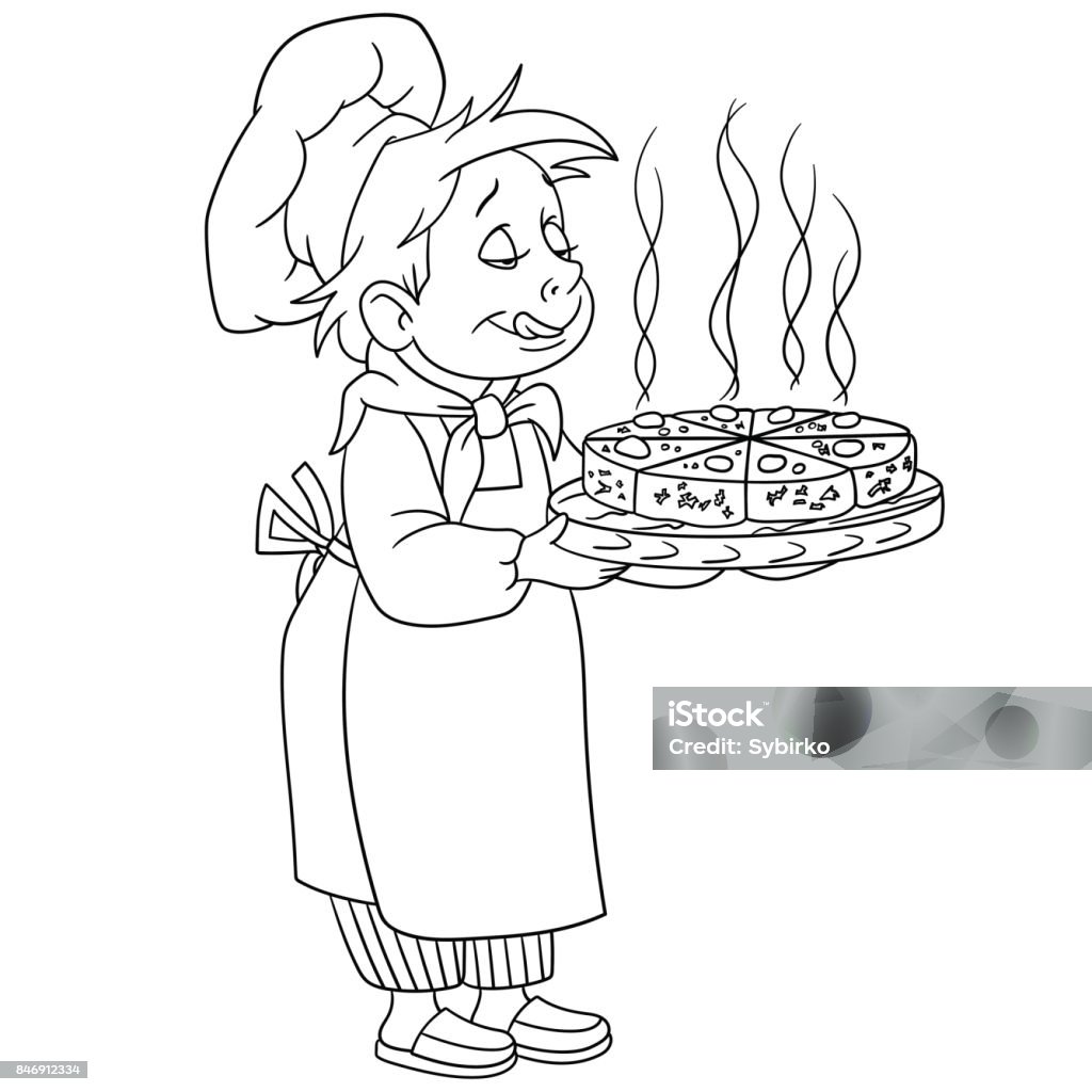 Chef cook with a pizza or cake Coloring page of cartoon chef cook. Coloring book page for kids and children. Cooking stock vector