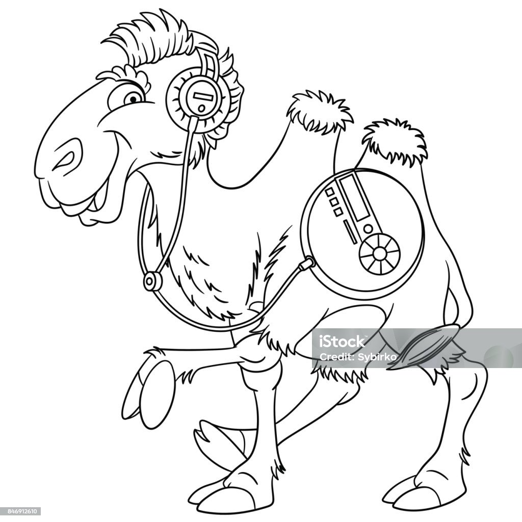 Camel listening music player Coloring page of cartoon camel with mp3 player. Coloring book page for kids and children. Camel stock vector