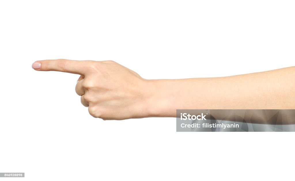 Female caucasian hand gesture of a single pointing finger isolated on white Finger Stock Photo