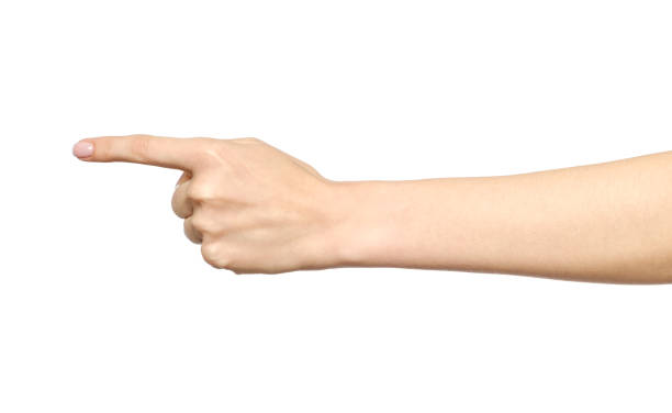 Female caucasian hand gesture of a single pointing finger isolated on white Female caucasian hand gesture of a single pointing finger isolated on white pointer stick stock pictures, royalty-free photos & images