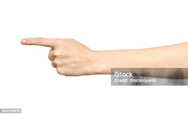 Female Caucasian Hand Gesture Of A Single Pointing Finger Isolated On White Stock Photo - Download Image Now